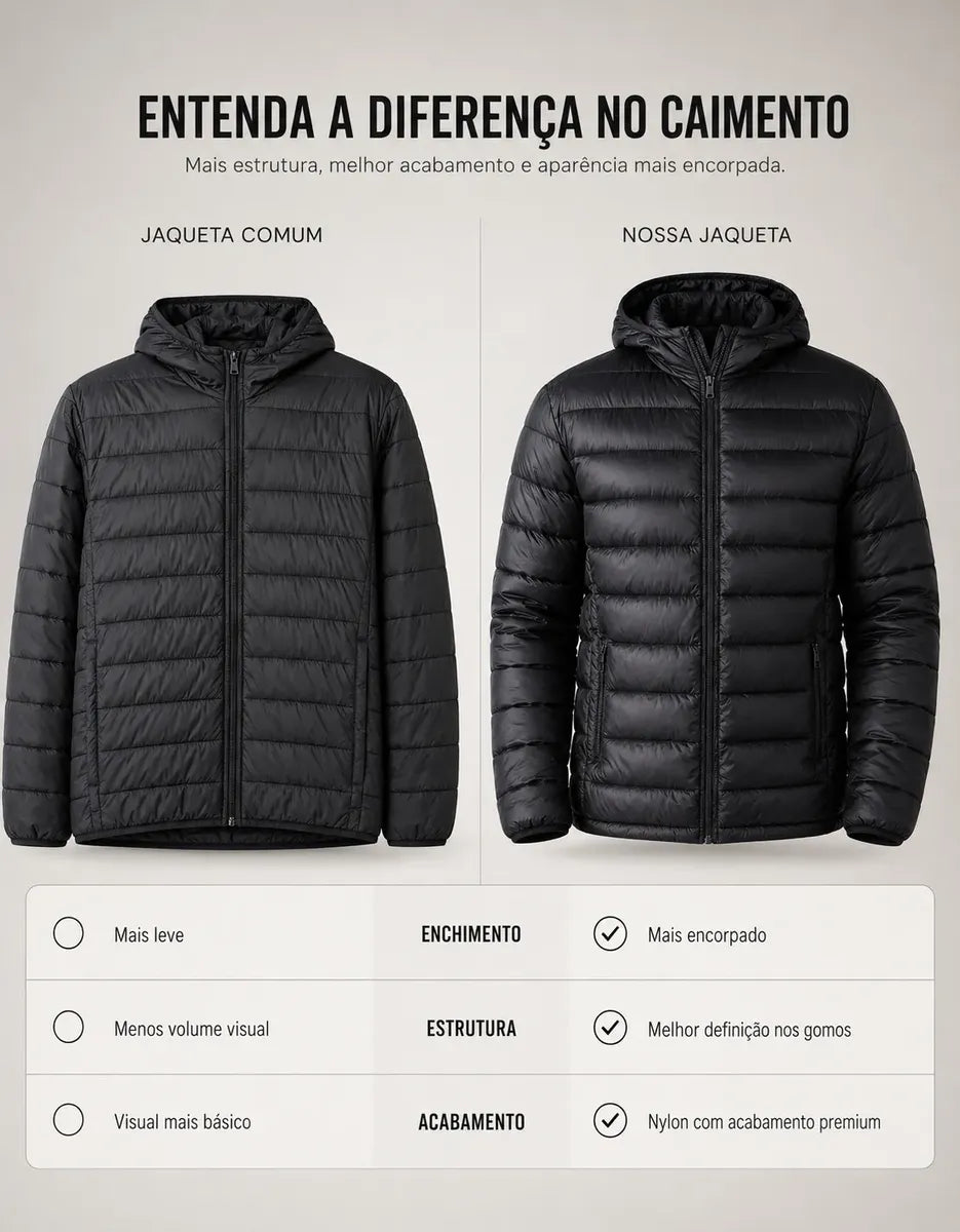Jaqueta Puffer Impermeável Masculina com Capuz | Térmica, Leve e Resistente ao Frio